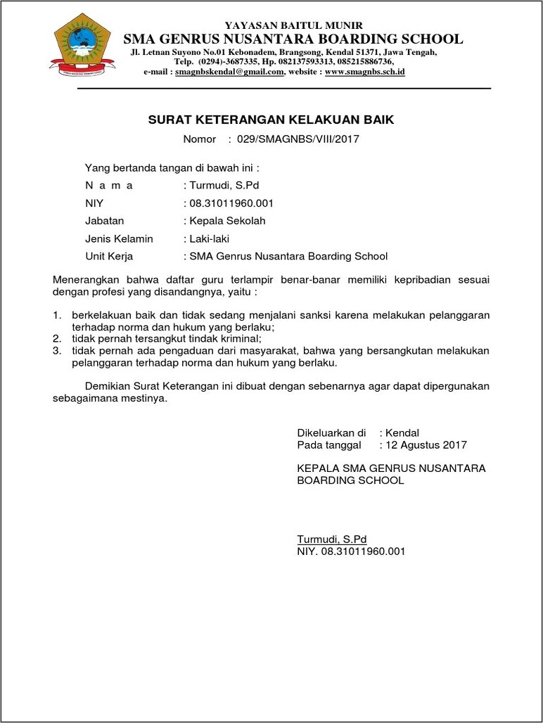 Contoh Surat Keterangan Berkelakuan Baik Darikepala Dinas