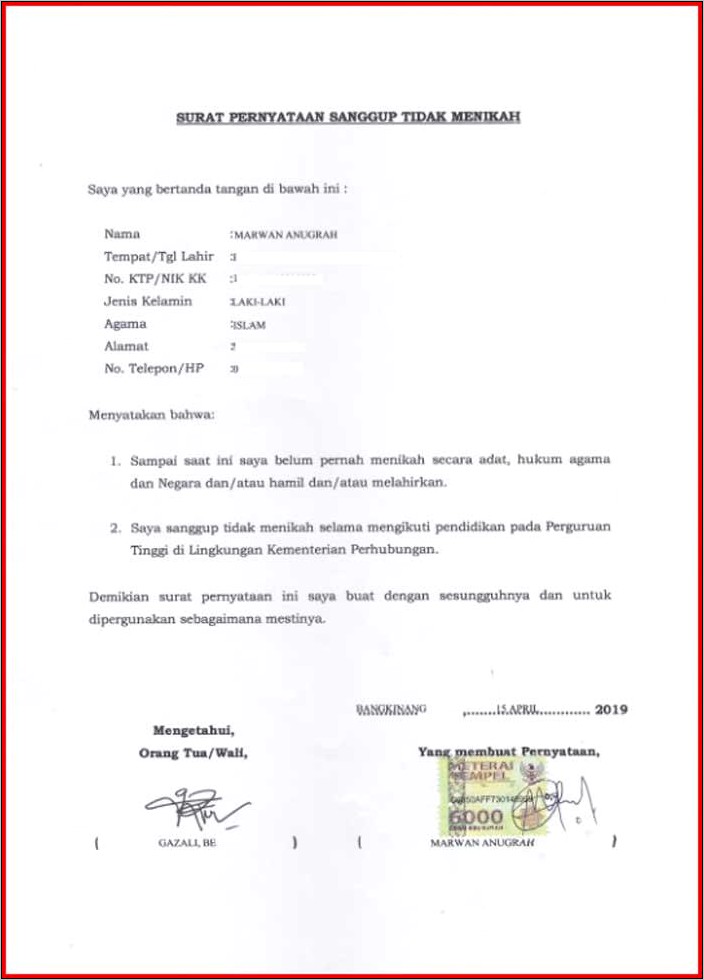 Contoh Surat Keterangan Bertanggung Jawab Sepenuhnya Untuk Menikah