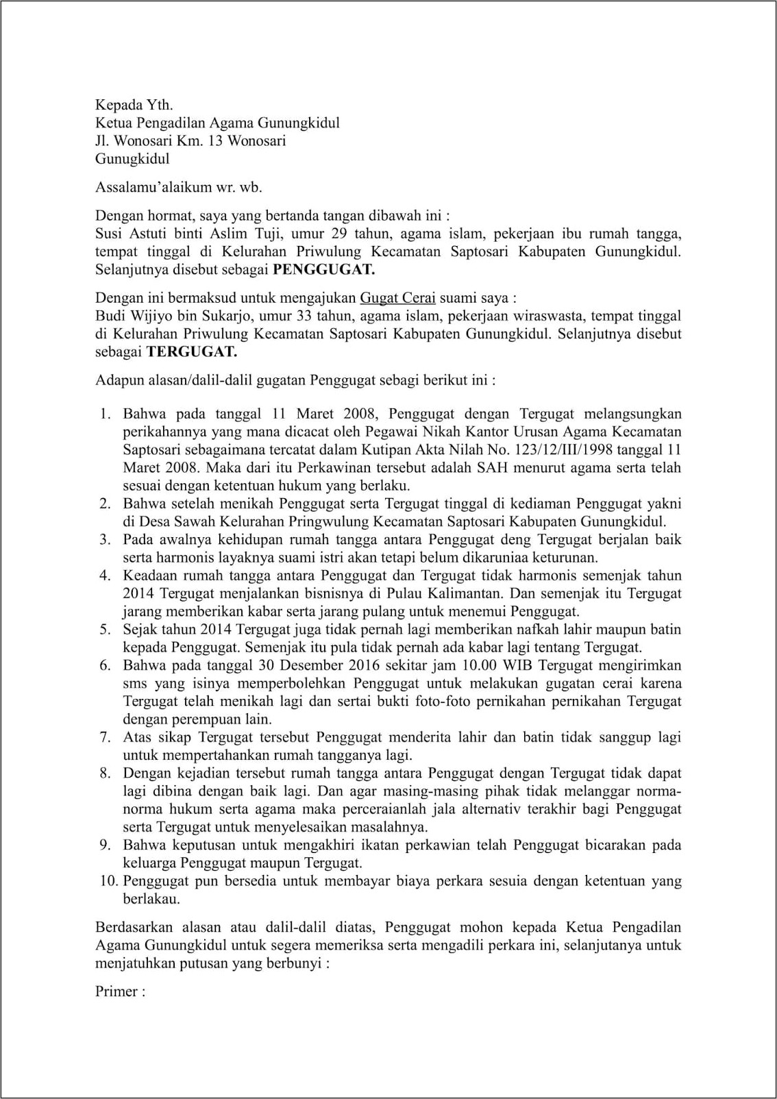 Contoh Surat Keterangan Bp.4 Untuk Gugat Cerai Pns