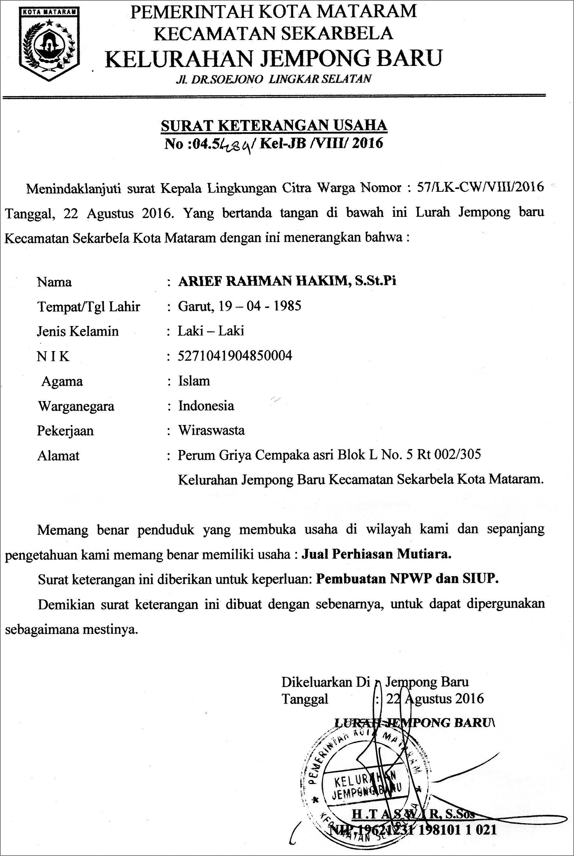 Contoh Surat Keterangan Buka Usaha