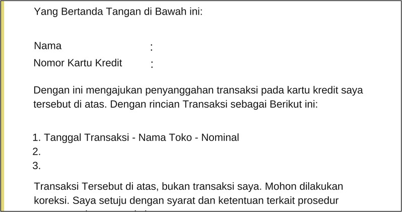 Contoh Surat Keterangan Credit Card