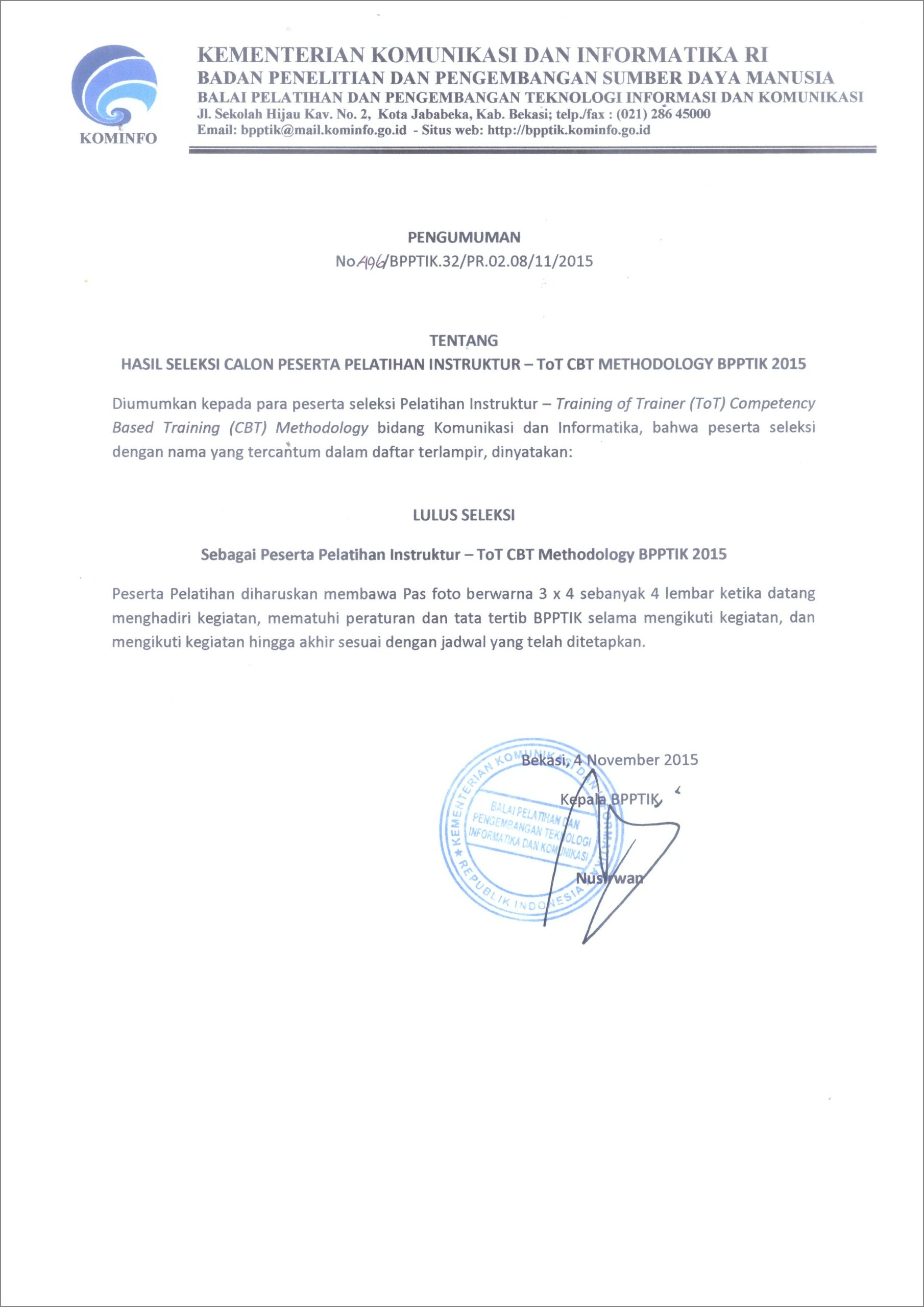 Contoh Surat Keterangan Daftar Peserta Diklat