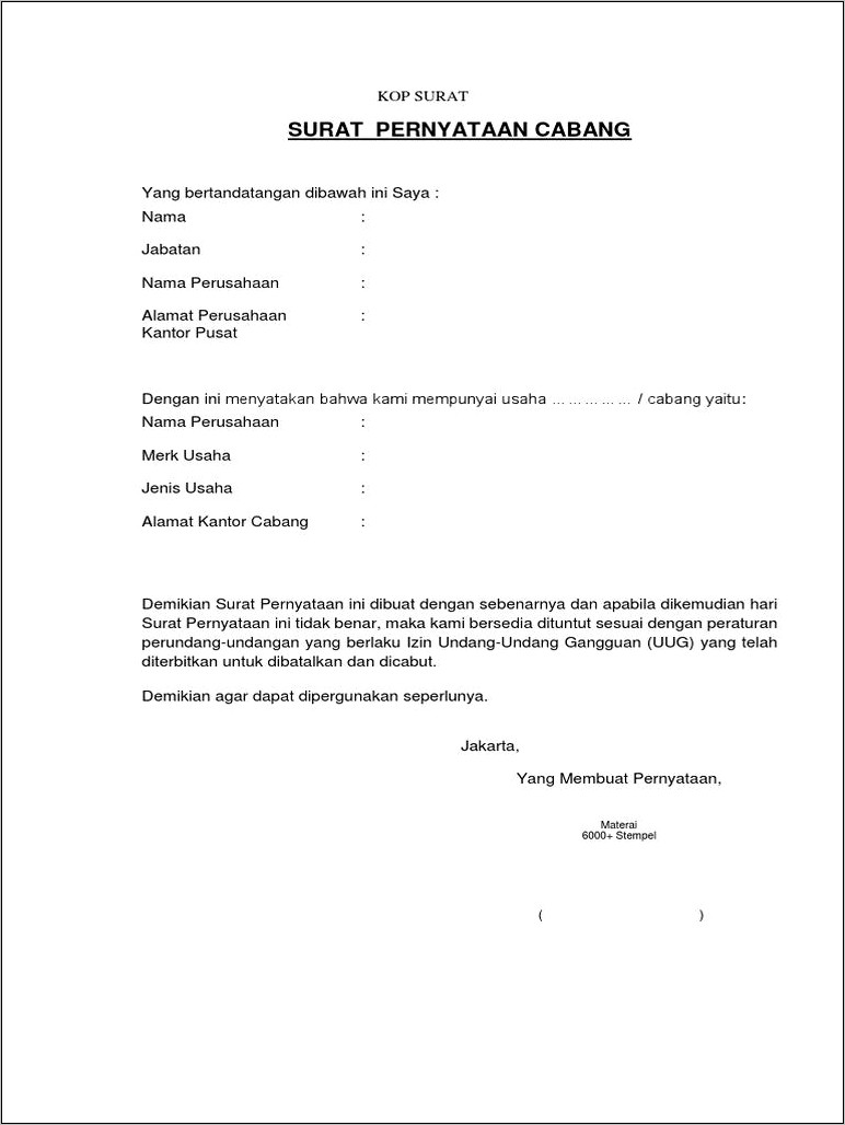 Contoh Surat Keterangan Dari Cabang
