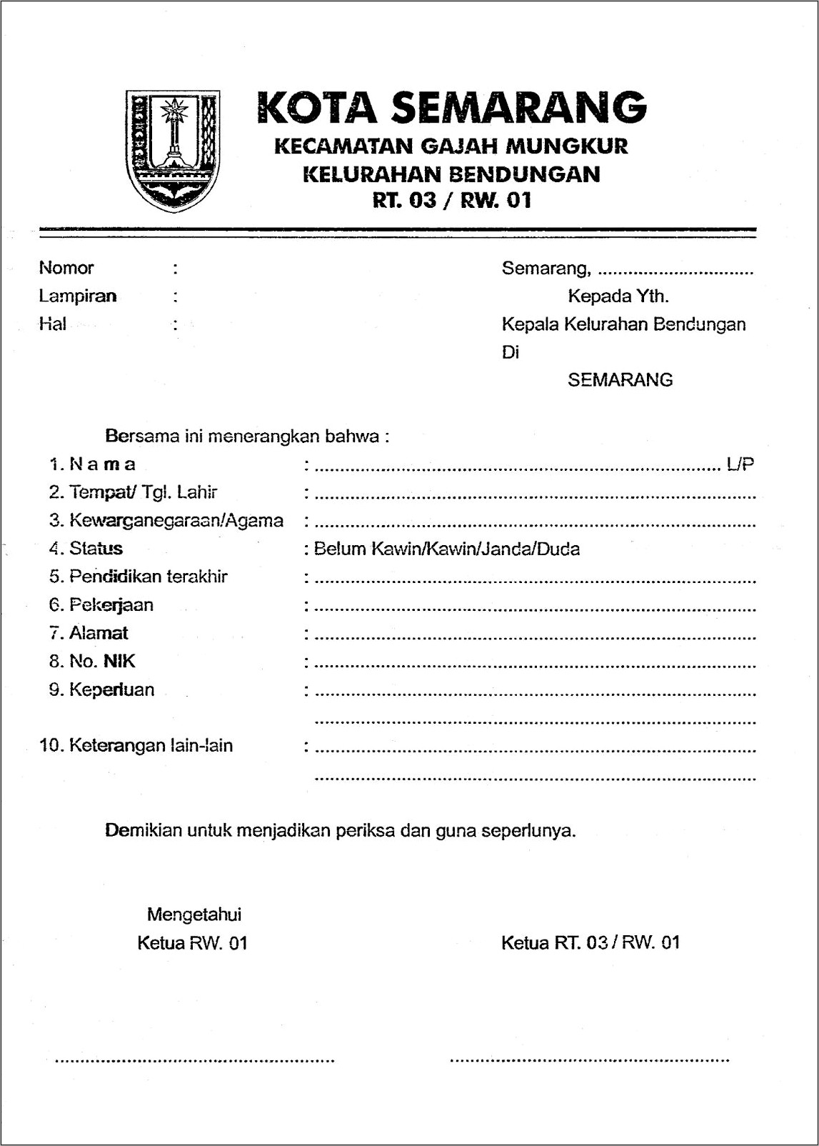 Contoh Surat Keterangan Dari Rt