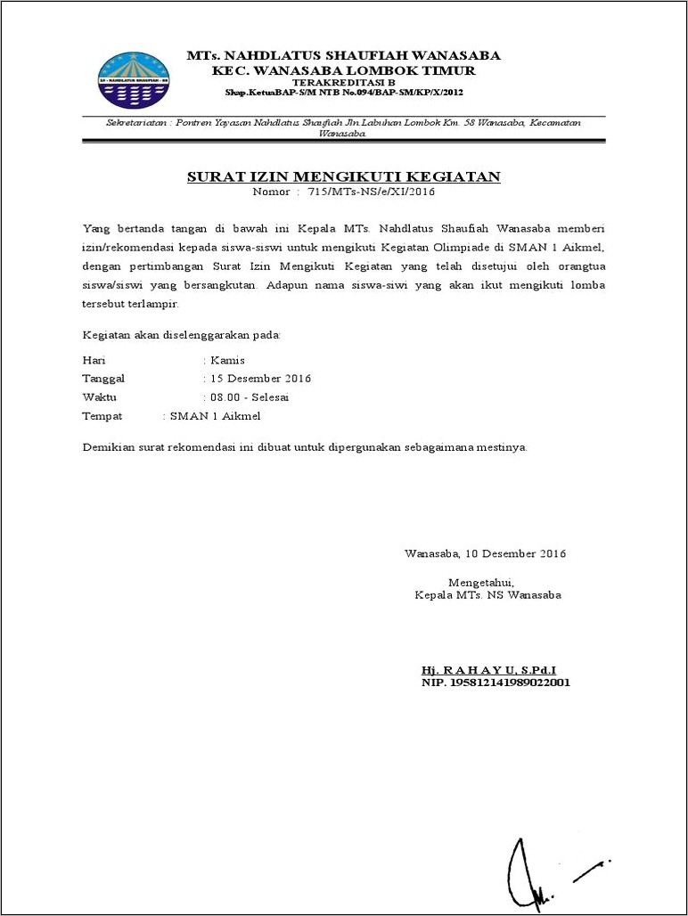 Contoh Surat Keterangan Dari Sekolah Untuk Mengikuti Perlombaan