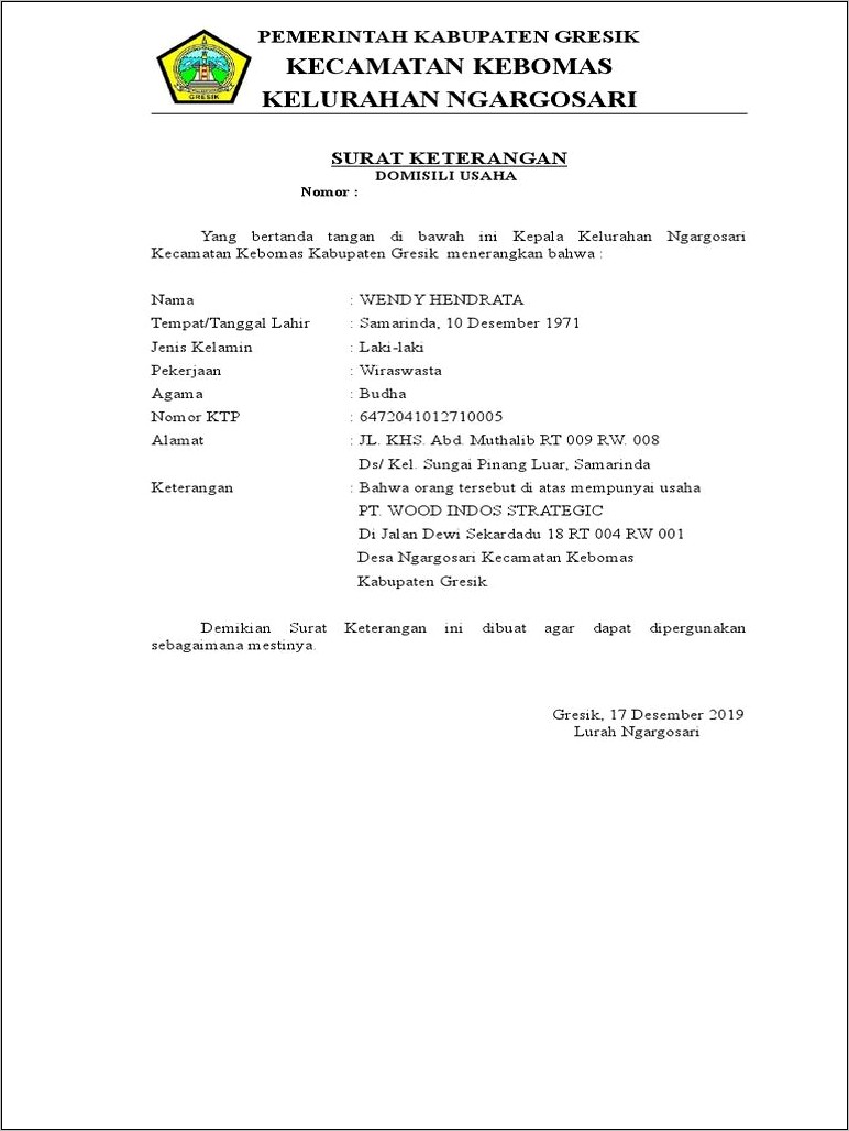 Contoh Surat Keterangan Desa Ngargosari