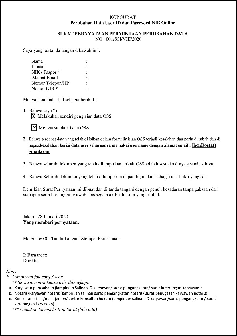 Contoh Surat Keterangan Direksi