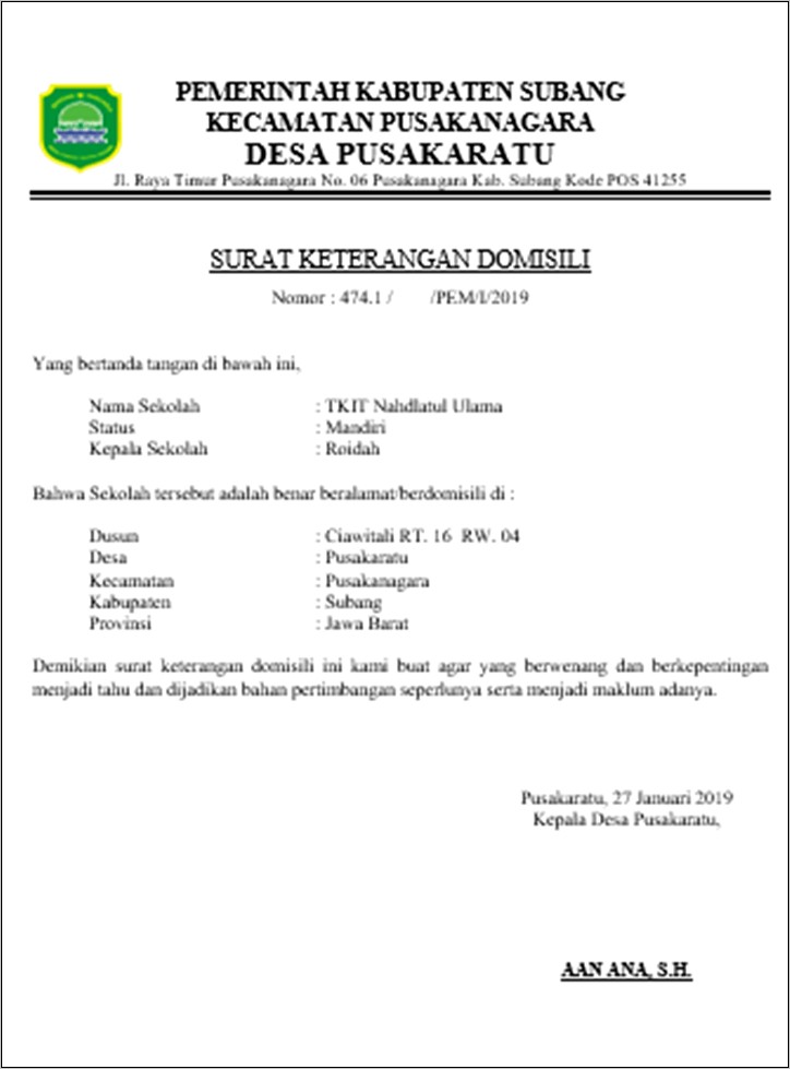 Contoh Surat Keterangan Disdukcapil Subang