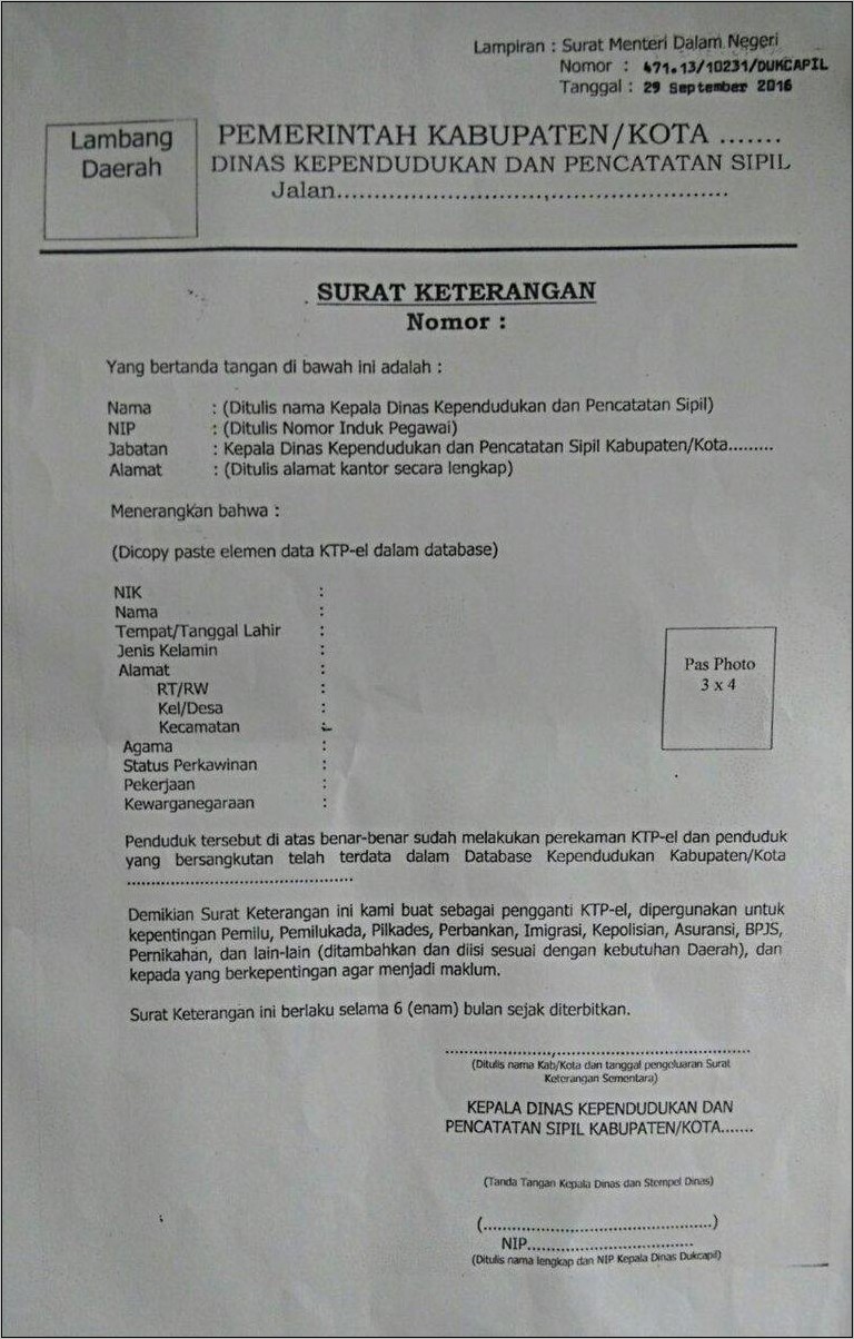 Contoh Surat Keterangan Disdukcapil