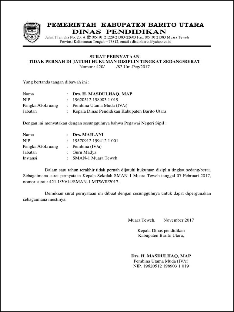 Contoh Surat Keterangan Disiplin Guru