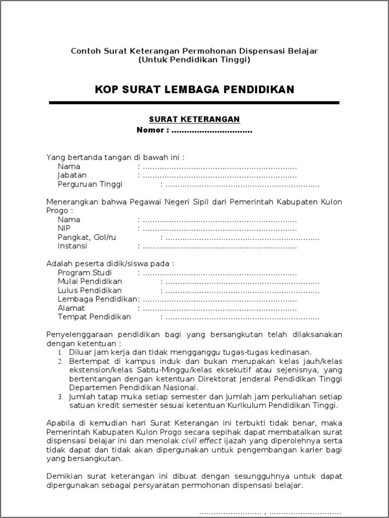 Contoh Surat Keterangan Dispensasi Kuliah