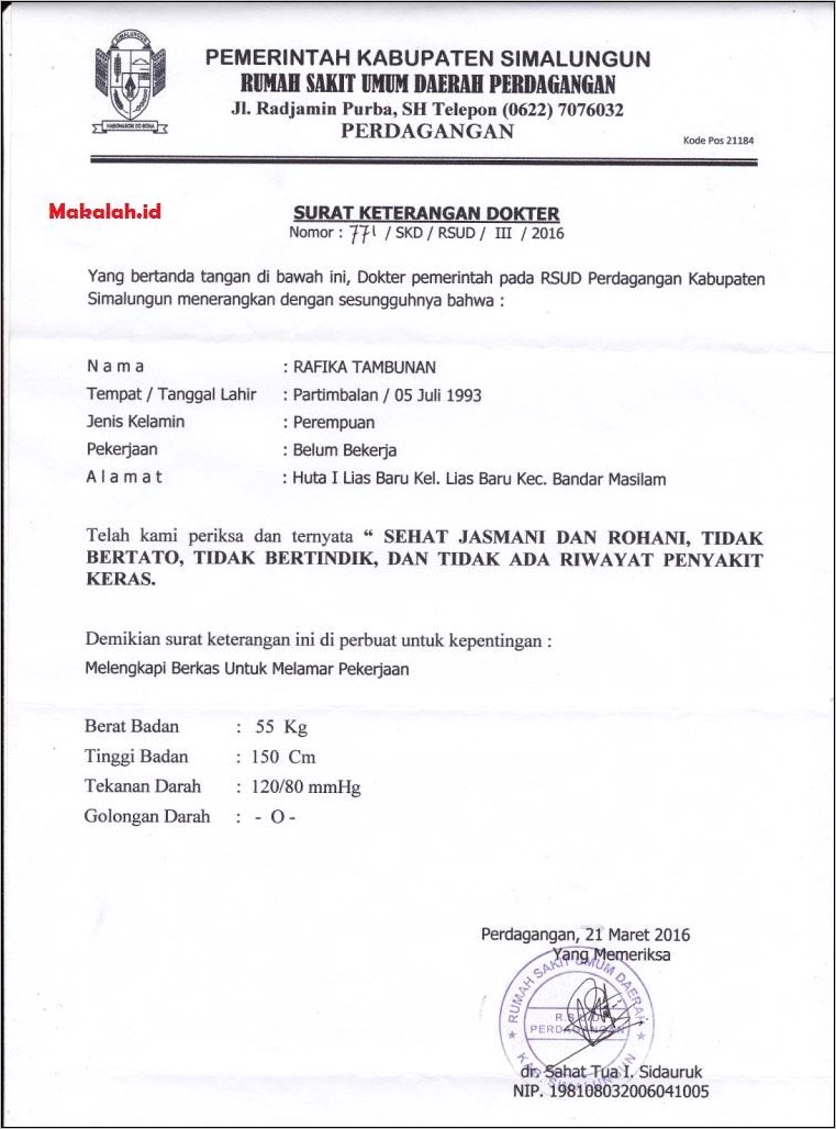 Contoh Surat Keterangan Dokter Ke Rumah Sakit Lain