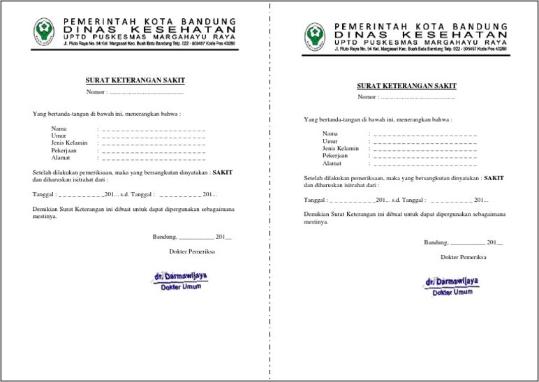 Contoh Surat Keterangan Dokter Subang