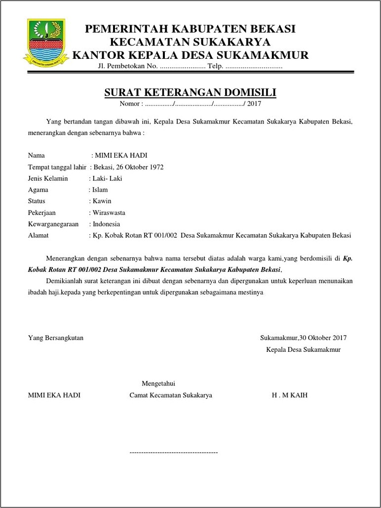 Contoh Surat Keterangan Domisili Bekasi