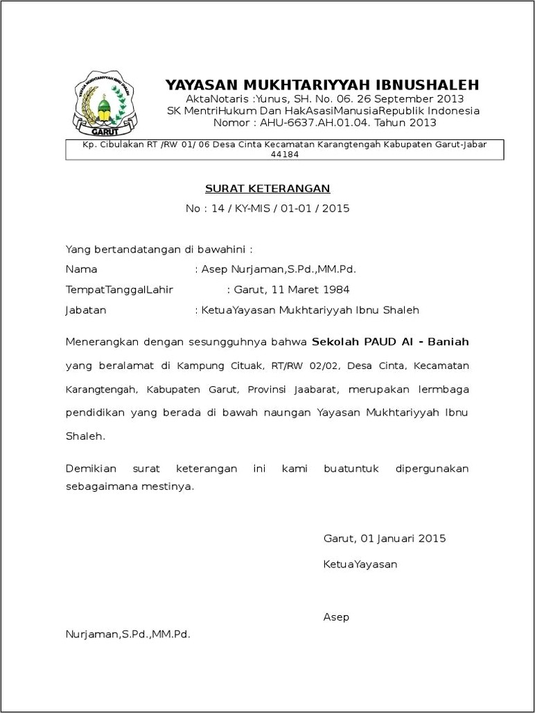 Contoh Surat Keterangan Domisili Dari Kepala Desa Untuk Lembaga Paud