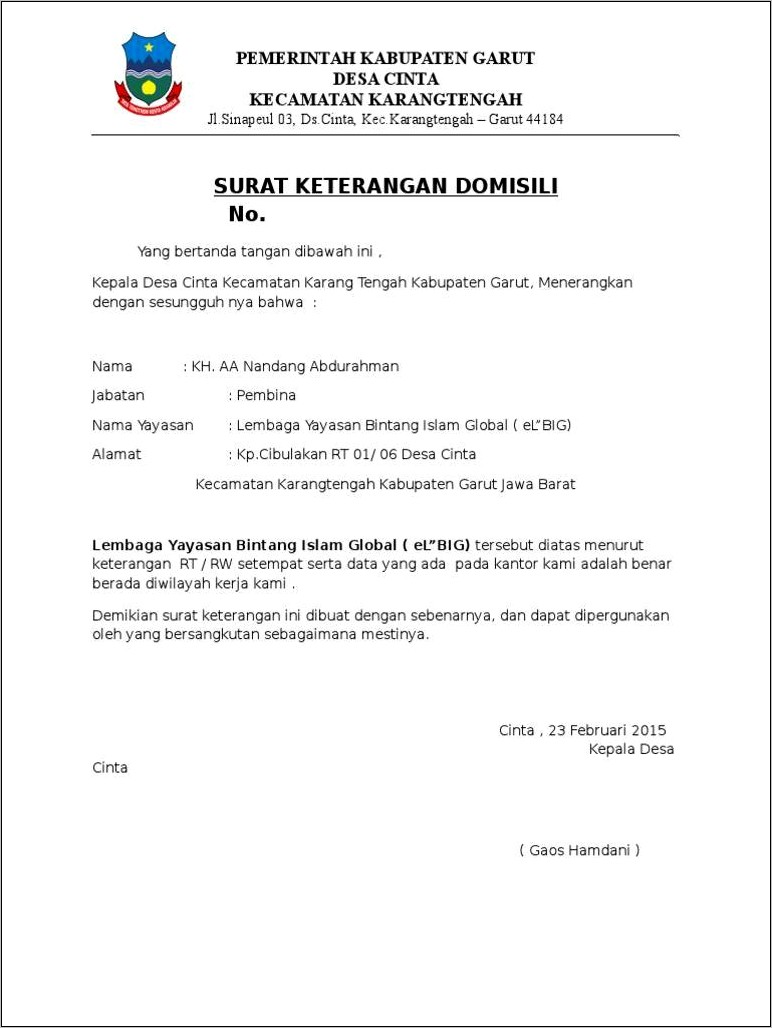 Contoh Surat Keterangan Domisili Lembaga Sekolah