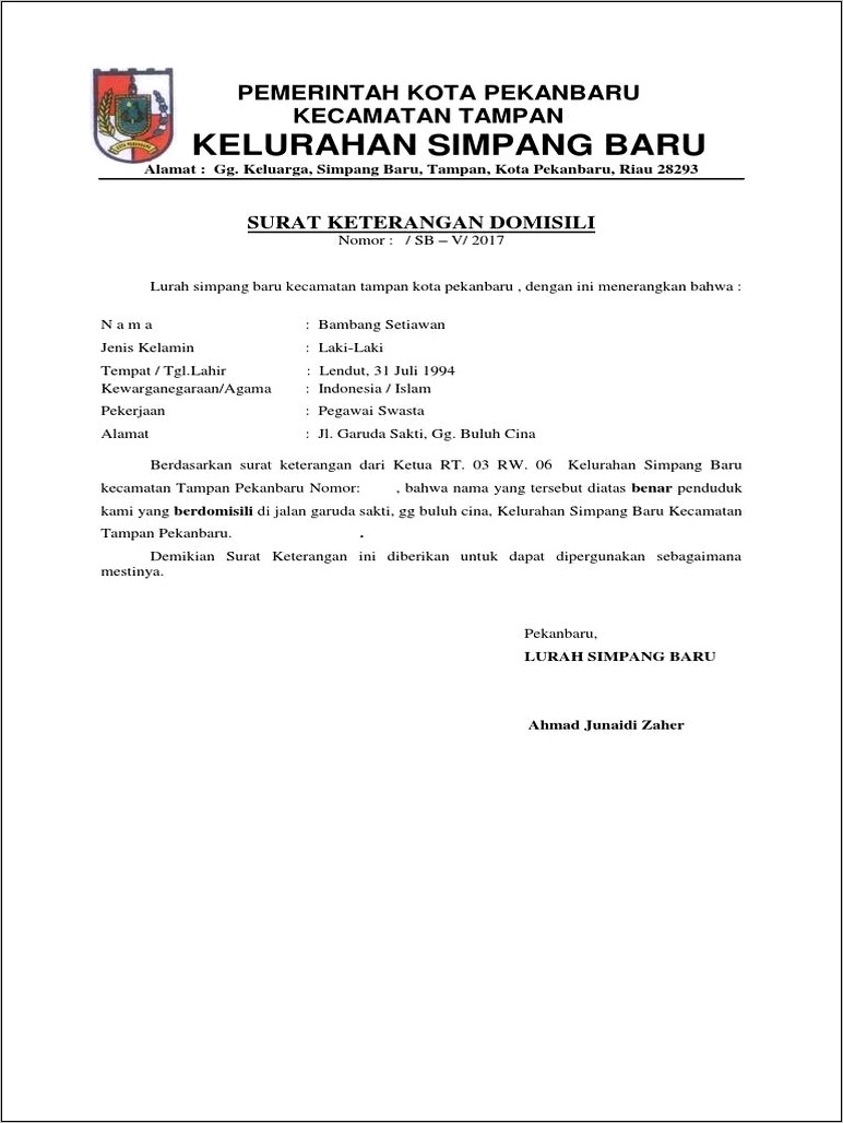 Contoh Surat Keterangan Domisili Pekanbaru