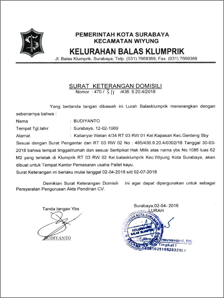 Contoh Surat Keterangan Domisili Rt Surabaya