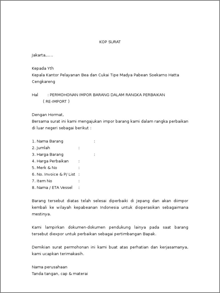 Contoh Surat Keterangan Ekspor