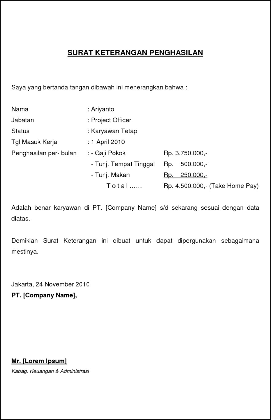 Contoh Surat Keterangan Gaji Dokter
