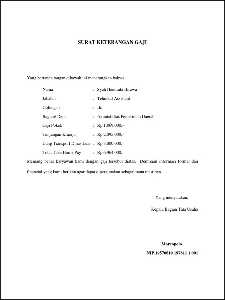 Contoh Surat Keterangan Gaji Wakil Direktur Cv