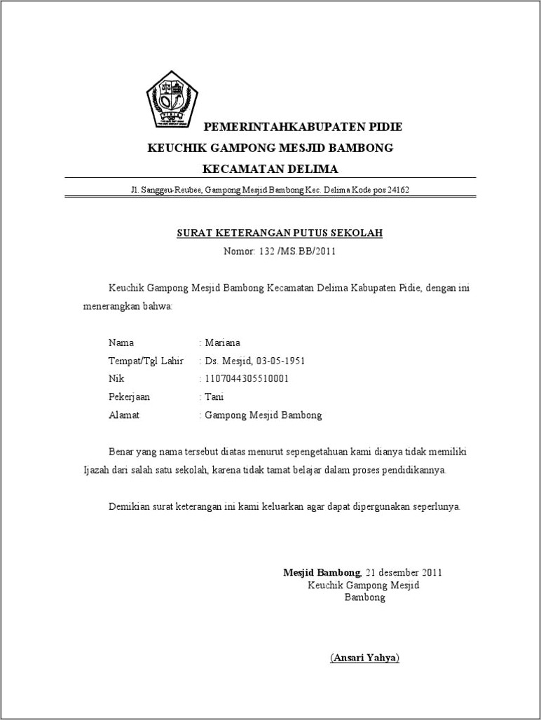 Contoh Surat Keterangan Guru Berhenti