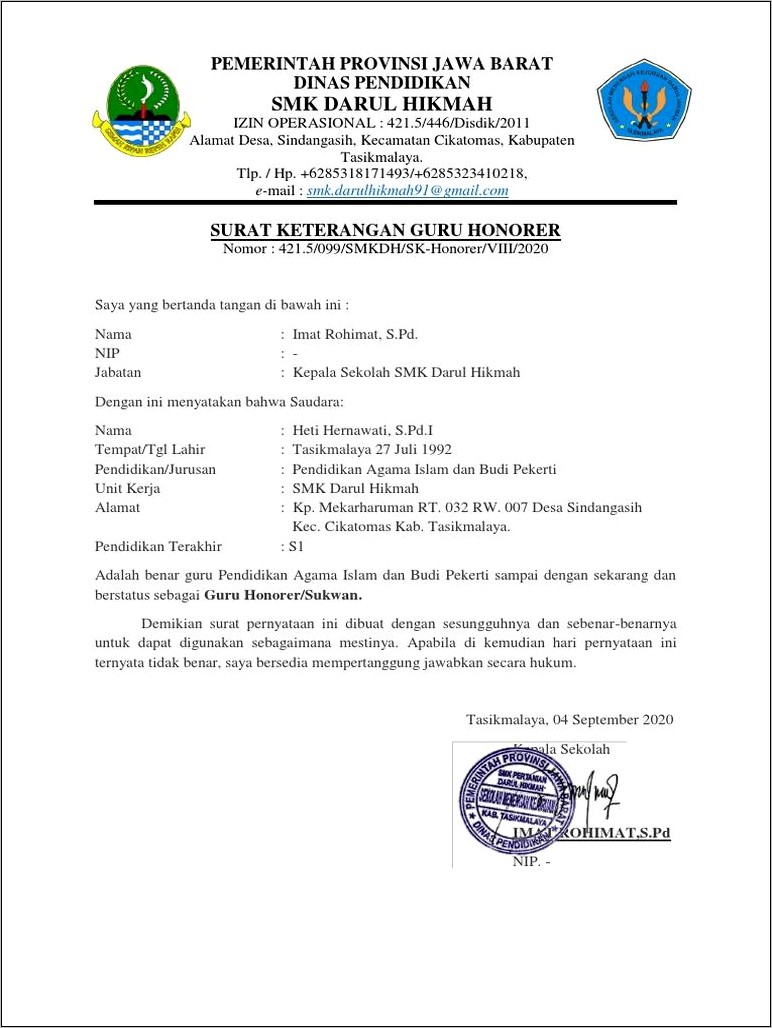 Contoh Surat Keterangan Guru Honorer