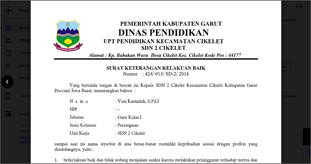 Contoh Surat Keterangan Guru Tidak Tersangkut Kriminal