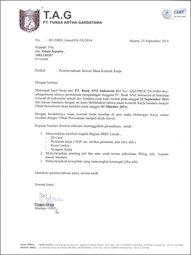 Contoh Surat Keterangan Habis Kontrak