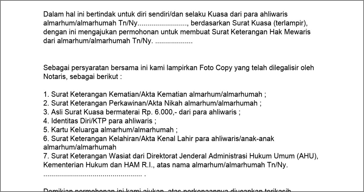 Contoh Surat Keterangan Hak Mewaris