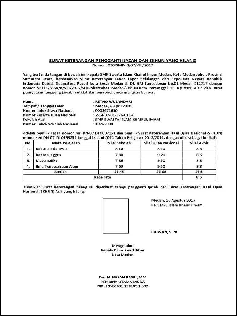 Contoh Surat Keterangan Hasil Ujian Nasional