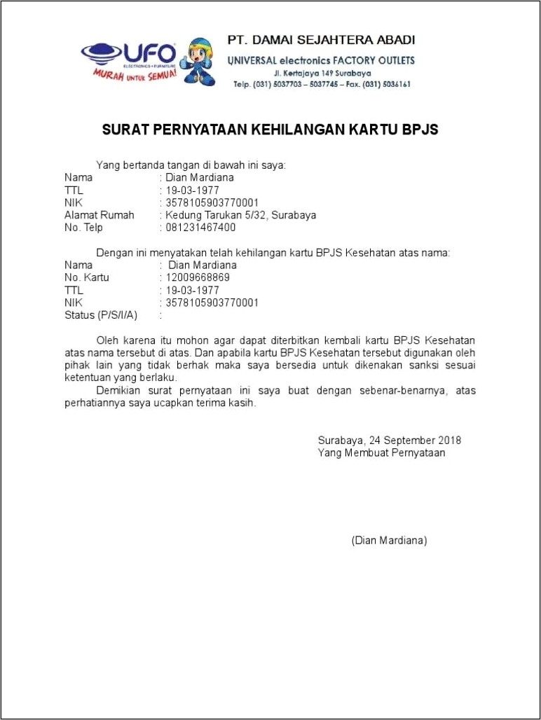 Contoh Surat Keterangan Hilang Kartu Bpjs Ketenagakerjaan Dari Perusahaan