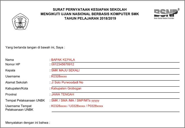 Contoh Surat Keterangan Ikut Ujian Nasional