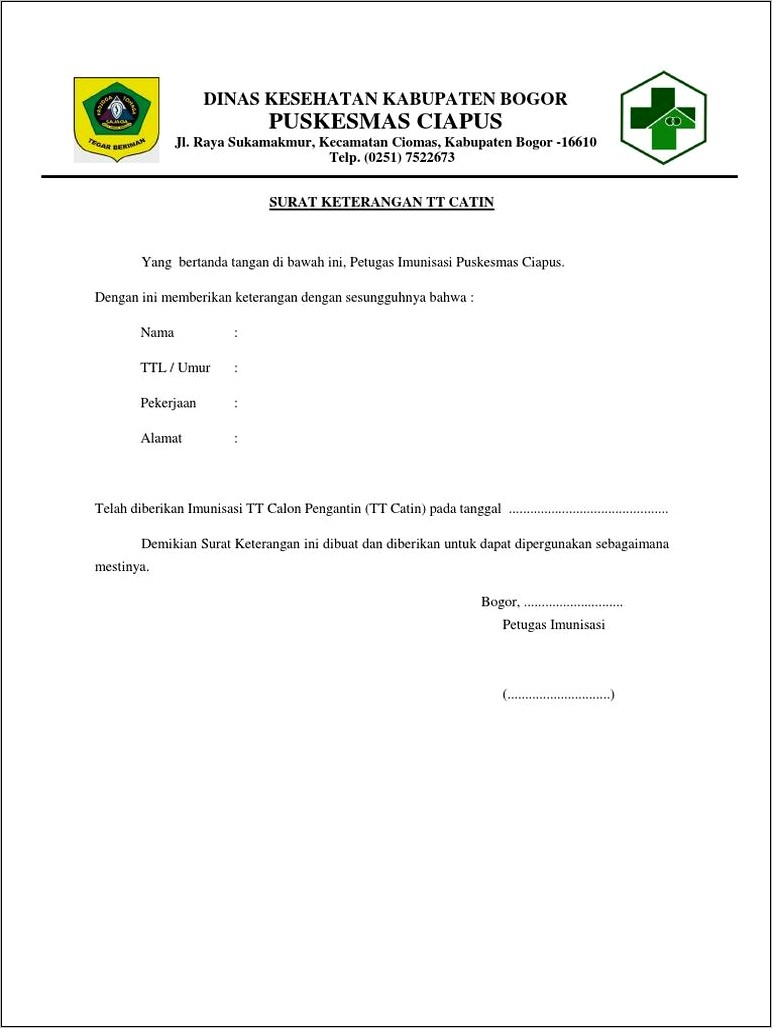 Contoh Surat Keterangan Imunisasi Tt