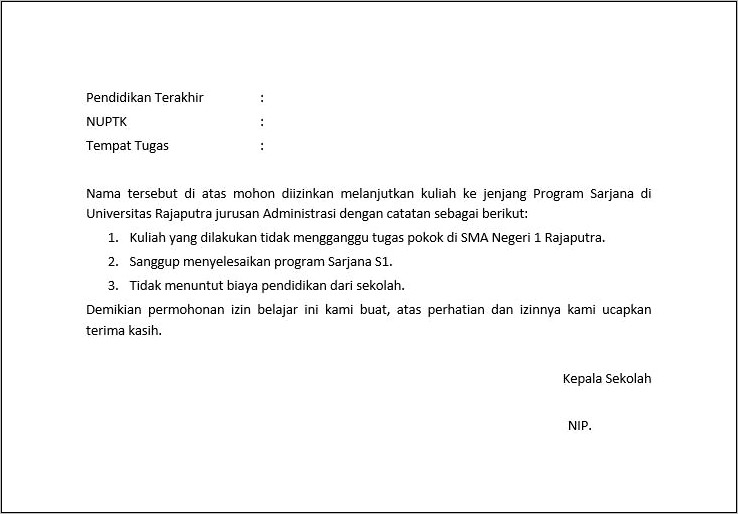 Contoh Surat Keterangan Izin Kuliah Dari Kepala Sekolah