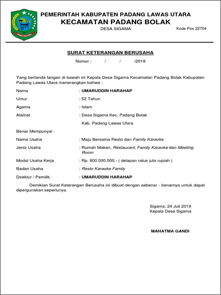 Contoh Surat Keterangan Jenis Makanan