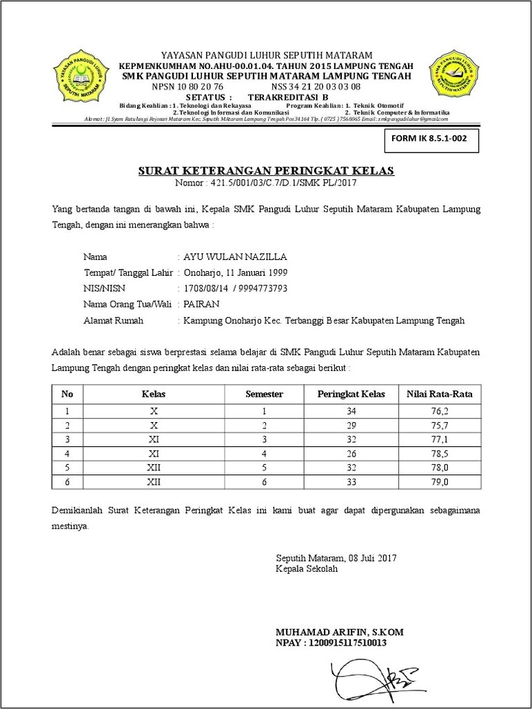 Contoh Surat Keterangan Juara Umum Sekolah