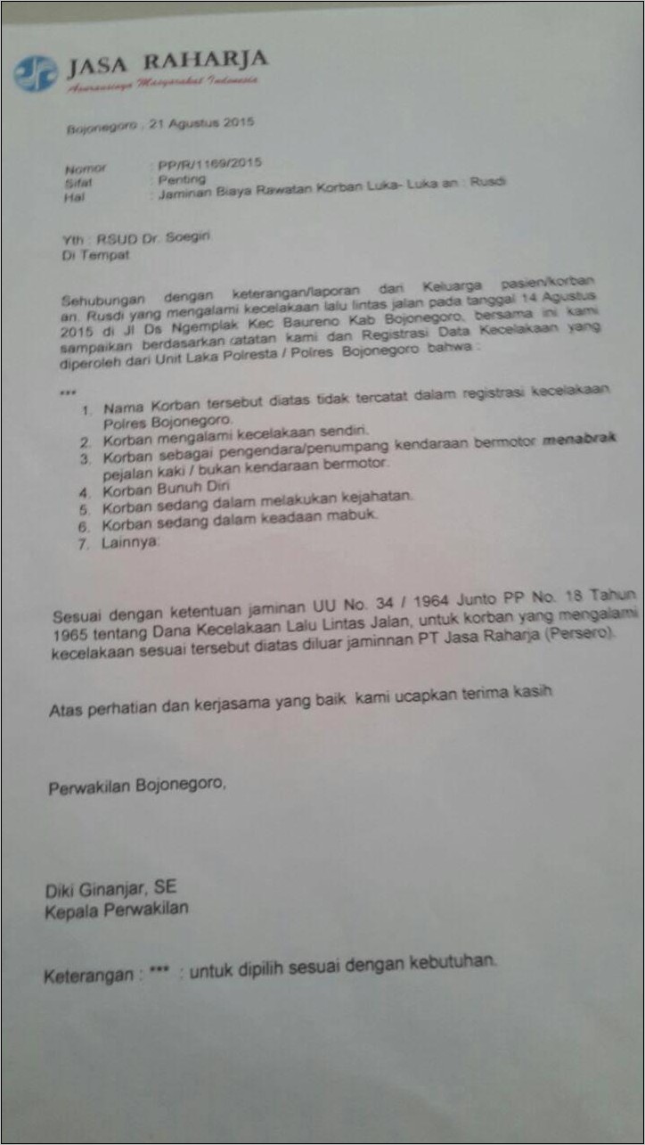 Contoh Surat Keterangan Kecelakaan Lalu Lintas Polisi