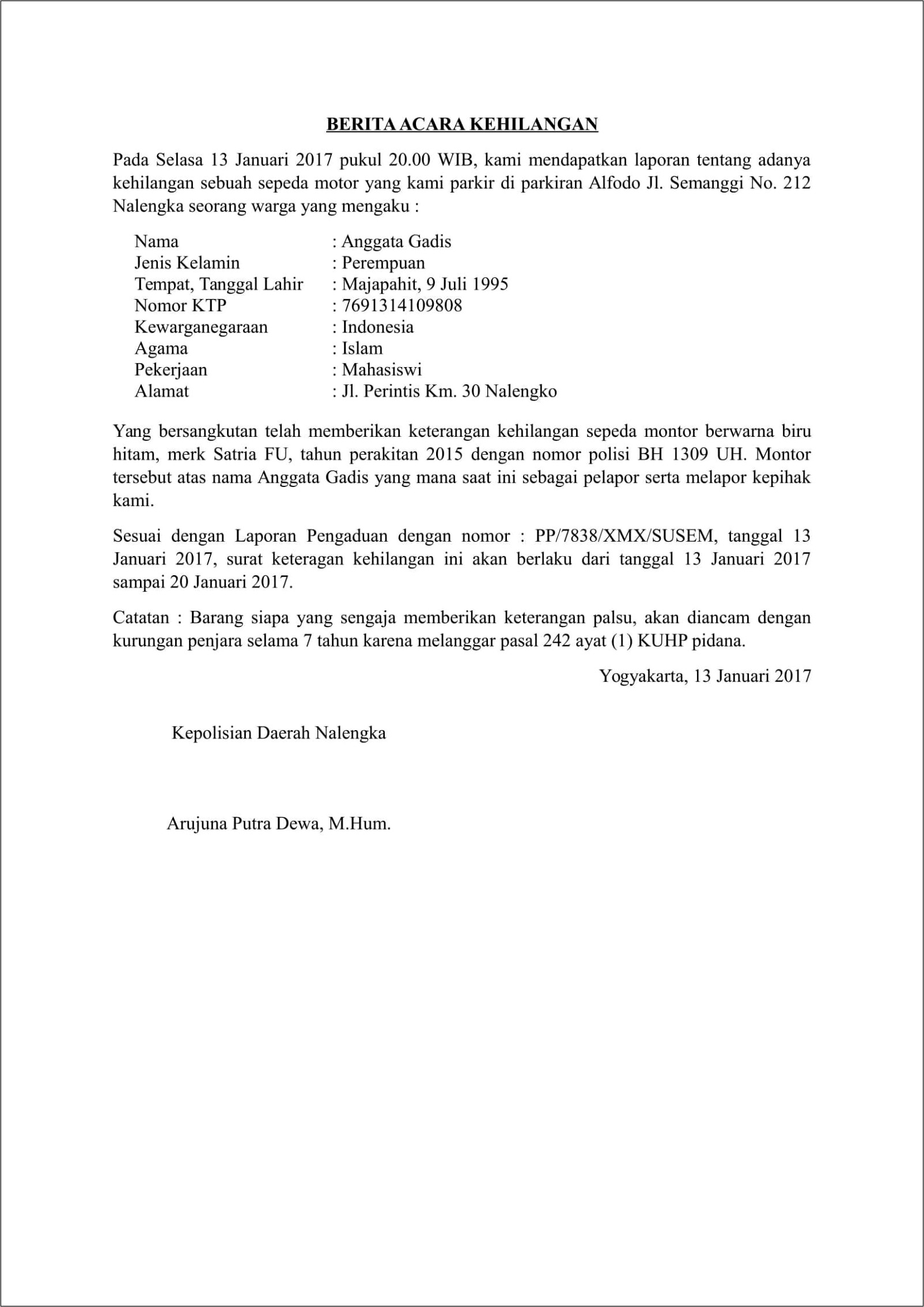 Contoh Surat Keterangan Kehilangan Bpkb Perusahaan