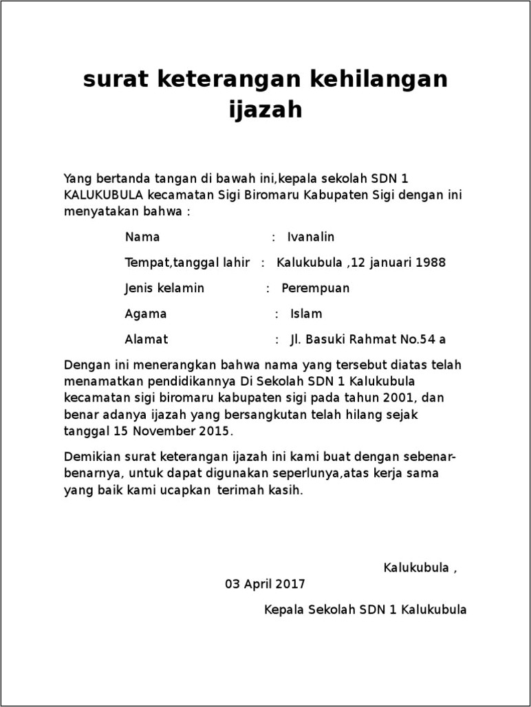 Contoh Surat Keterangan Kehilangan Ijazah Dari Dinas Pendidikan