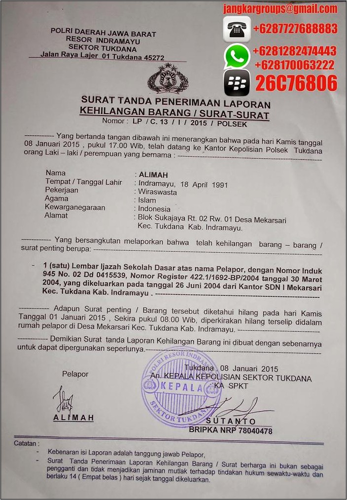 Contoh Surat Keterangan Kehilangan Ijazah Dari Kepolisian