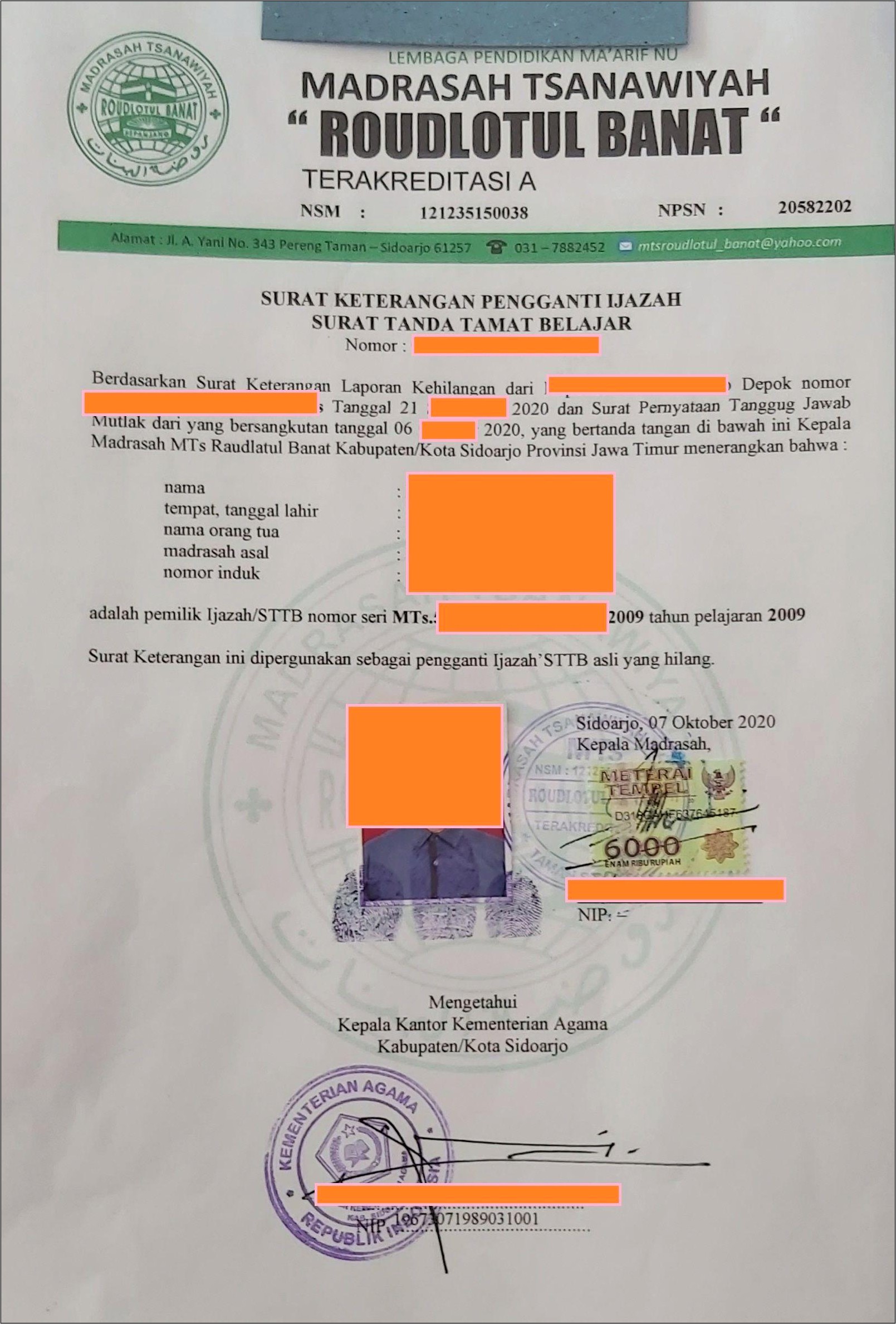 Contoh Surat Keterangan Kehilangan Ijazah Sd