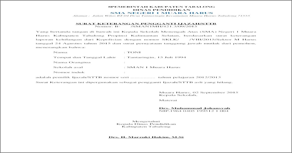 Contoh Surat Keterangan Kehilangan Ijazah.doc