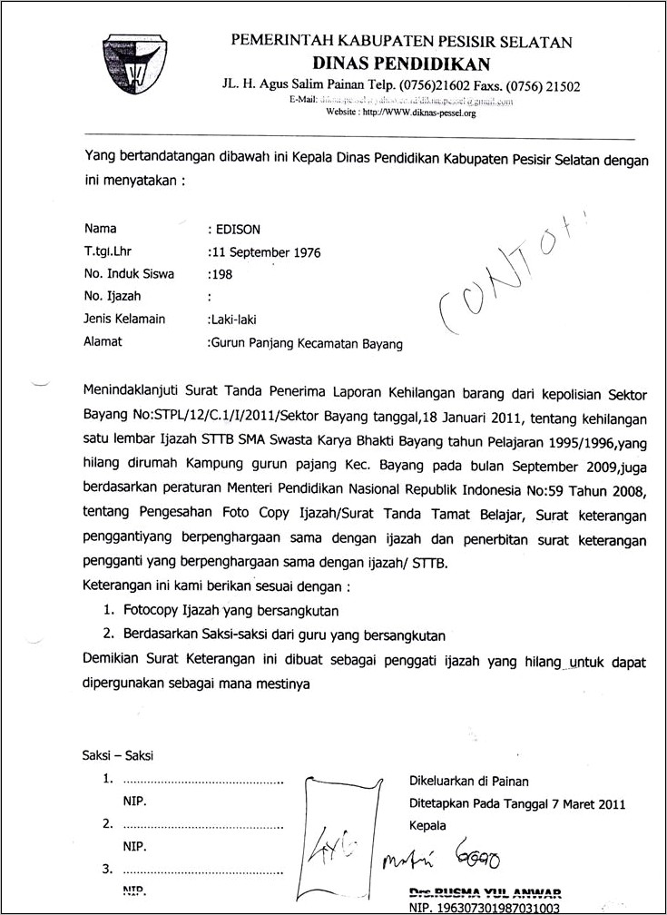 Contoh Surat Keterangan Kehilangan Raport
