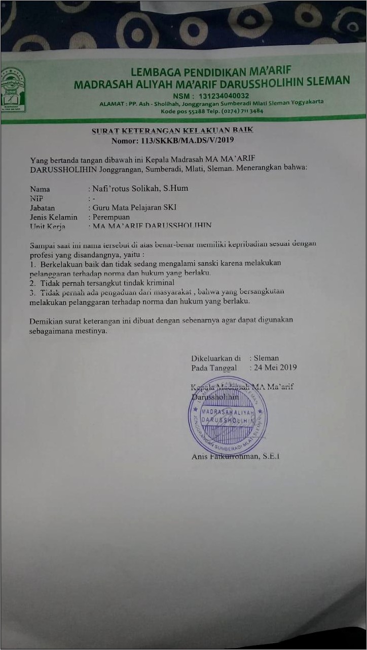 Contoh Surat Keterangan Kelakuan Baik Dari Kantor