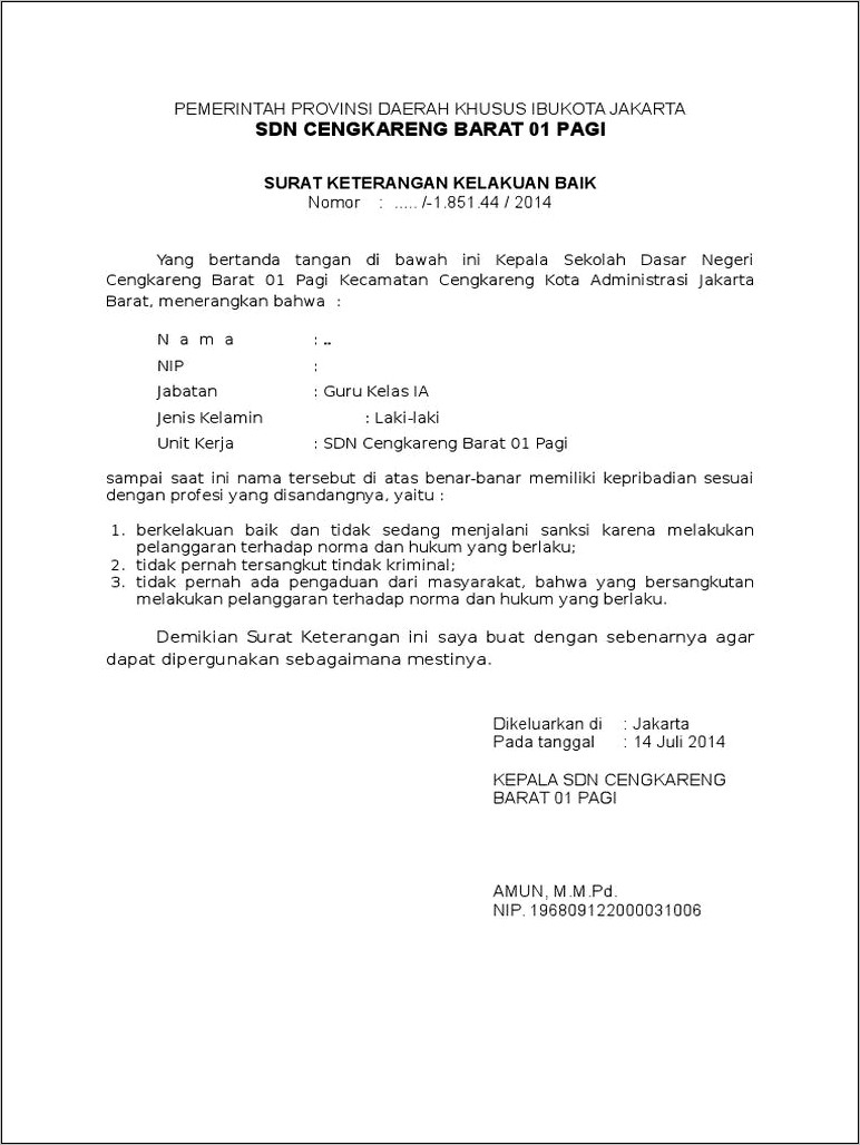 Contoh Surat Keterangan Kelakuan Baik Dari Perusahaan