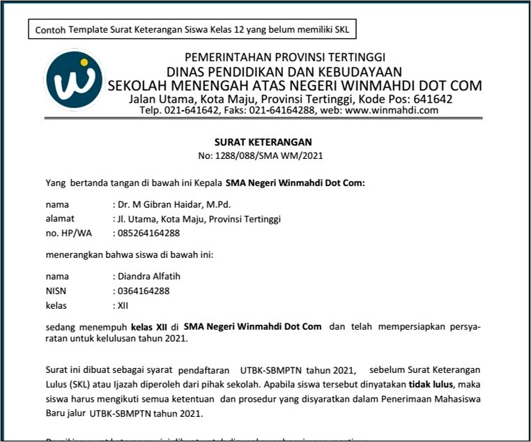 Contoh Surat Keterangan Kelas 12 Untuk Sbmptn