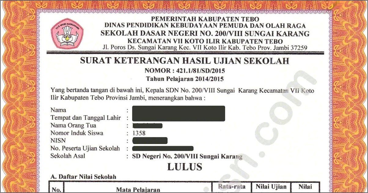 Contoh Surat Keterangan Kelulusan Sd 2015