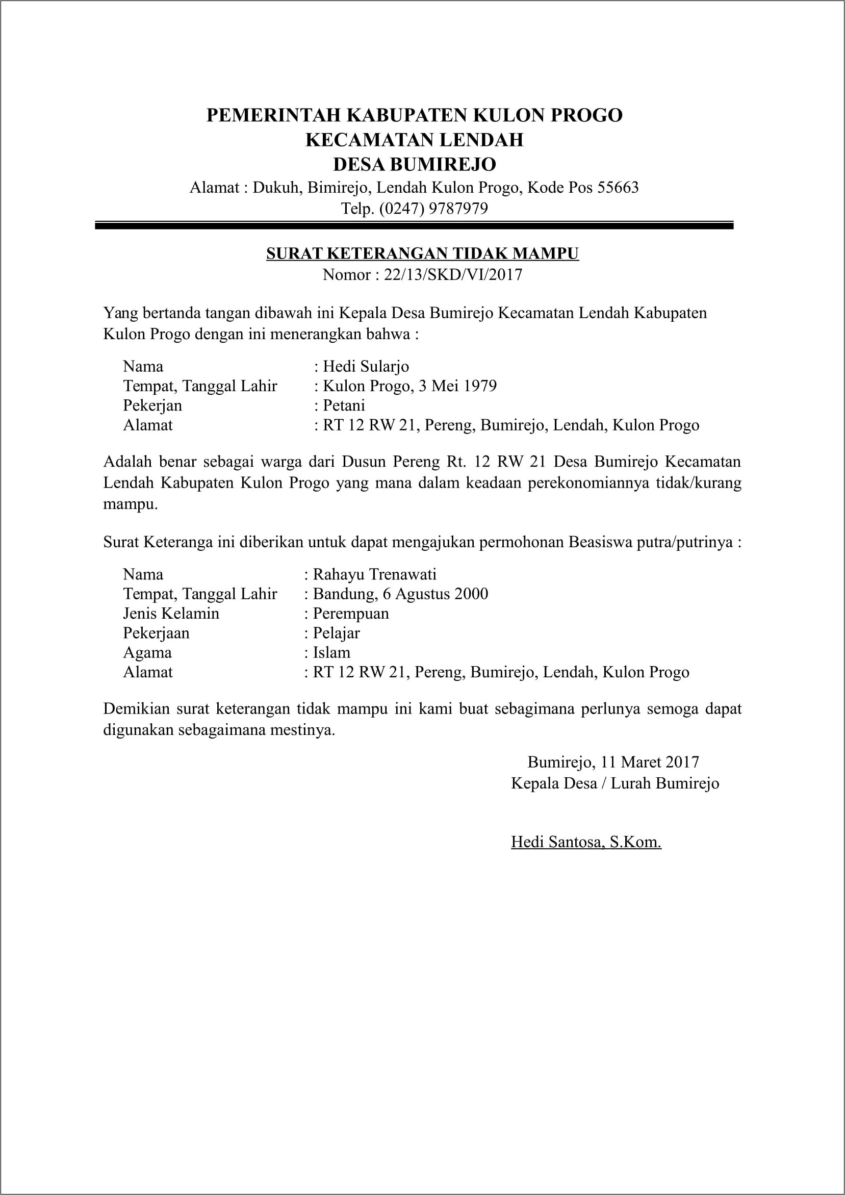 Contoh Surat Keterangan Kemiskinan