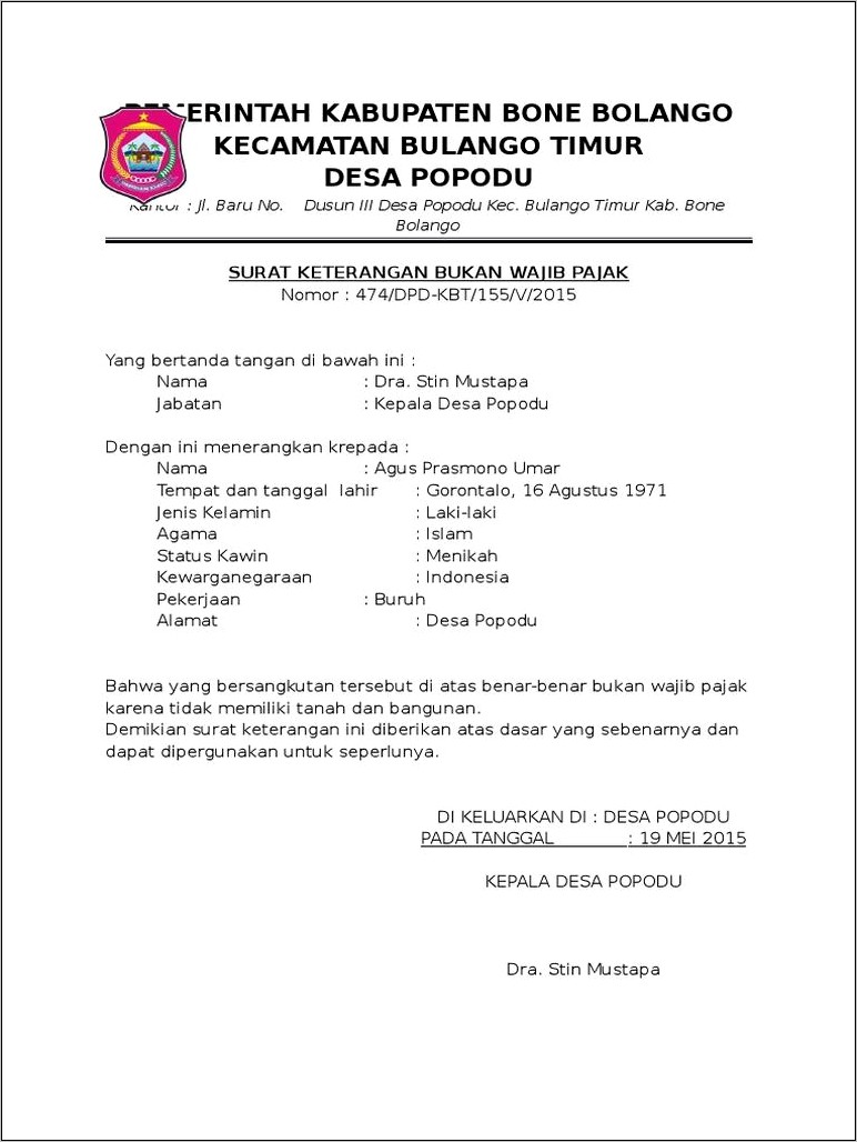 Contoh Surat Keterangan Kepala Desa Tentang Pbb